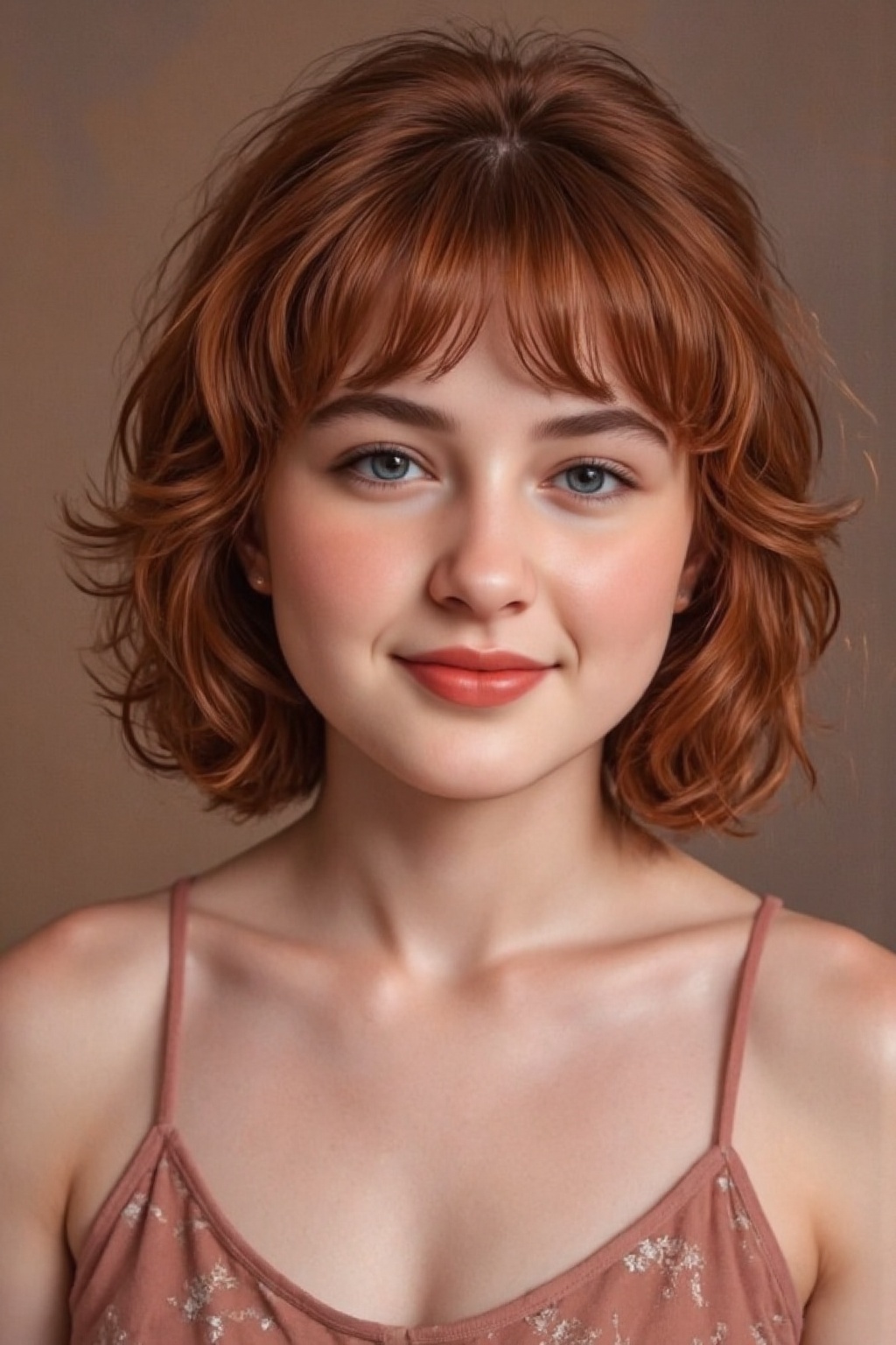 Real girl with dark red dyed hair and pink dress smiling on Tensor.Art