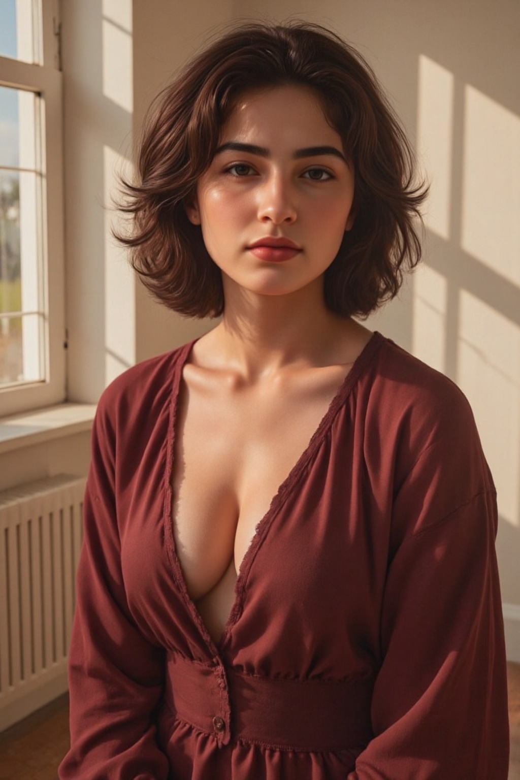 Flowing dark hair dances in gentle motion,  framed by soft natural light streaming through nearby windows. A luxurious bur...
