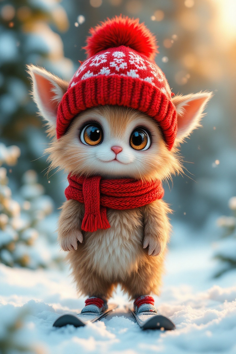 A Tiny Chibi cute fluffy fantastical Creature wearing a red wool bobble hat with a snowflake-pattern and a red wool scarf...