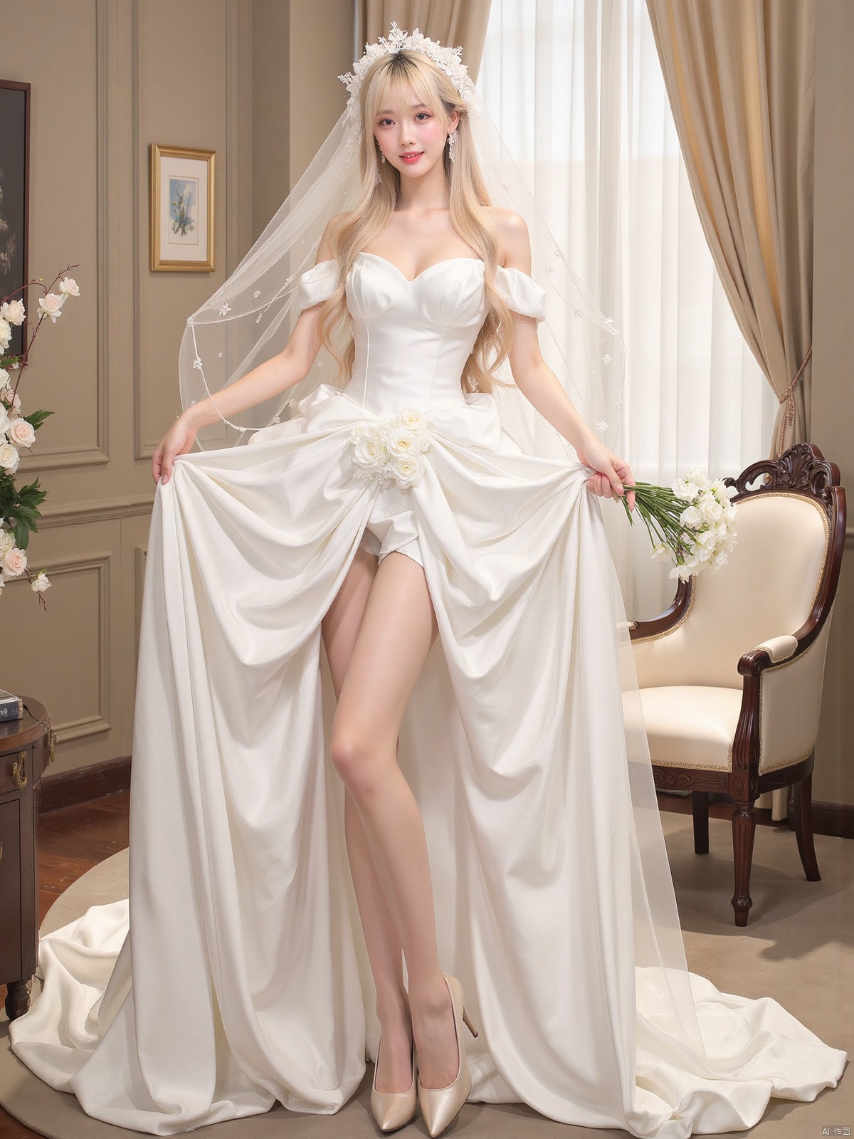 Realistic photo, 1girl, long hair, fair skin, big breasts, wedding dress, shiny pantyhose, long legs, high heels, full body, luxury living room, flowers,