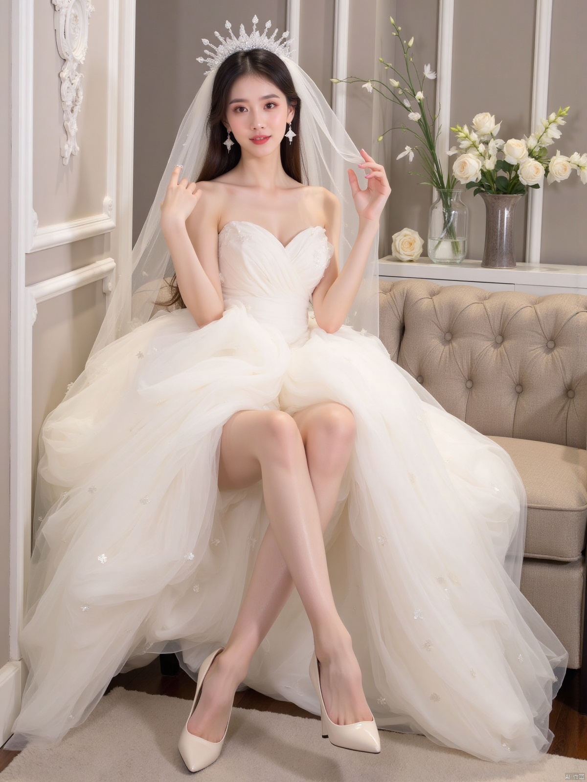 Realistic photo, 1girl, long hair, fair skin, big breasts, wedding dress, shiny pantyhose, long legs, high heels, full body, luxury living room, flowers,