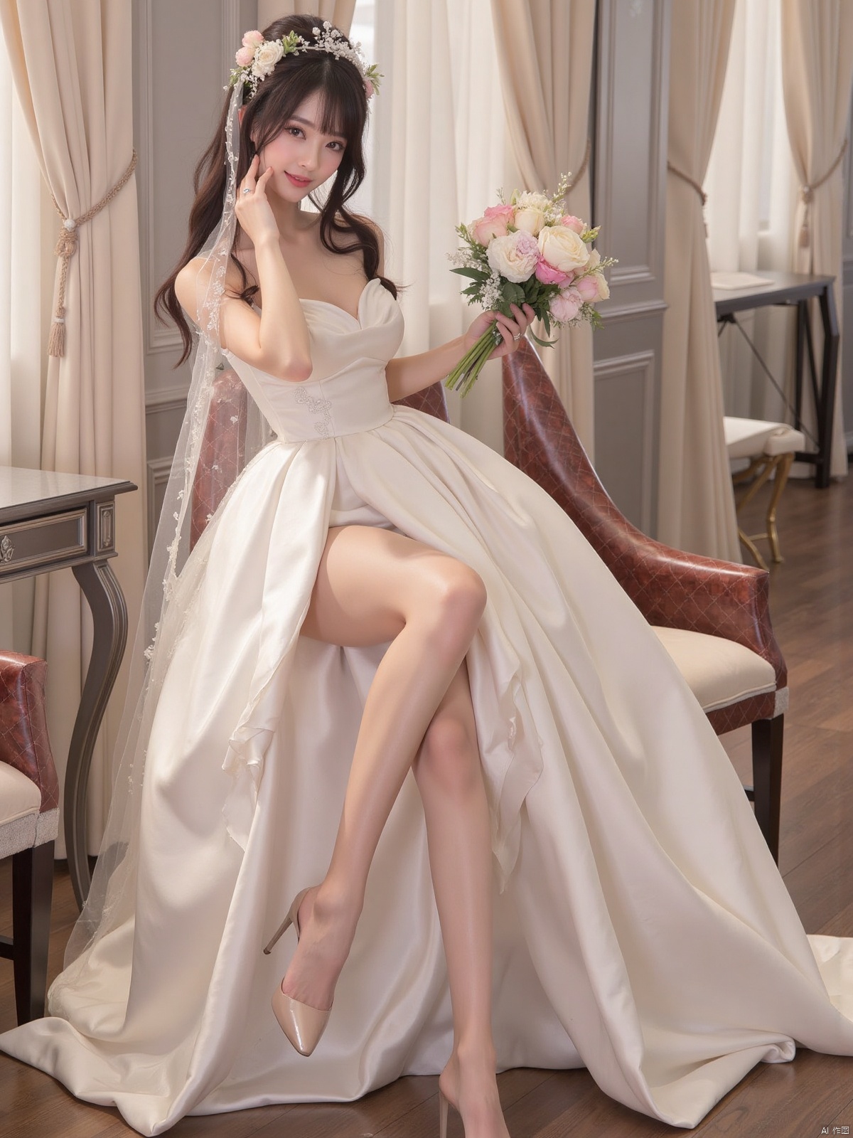 Realistic photo, 1girl, long hair, fair skin, big breasts, wedding dress, shiny pantyhose, long legs, high heels, full body, luxury living room, flowers,