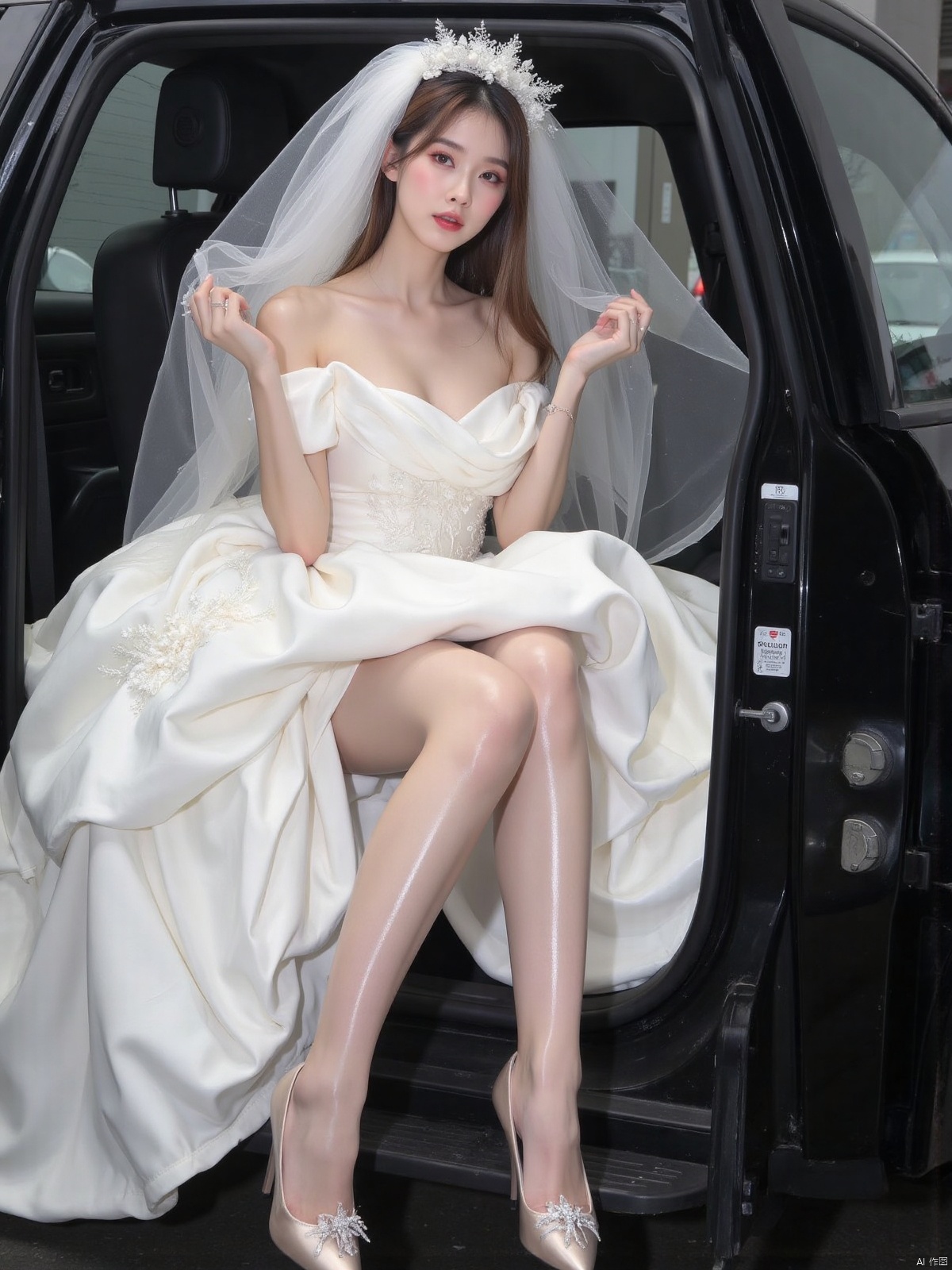 Realistic photo, 1girl, long hair, fair skin, big breasts, wedding dress, (shiny pantyhose), long legs, high heels, full body, (sitting inside police car),