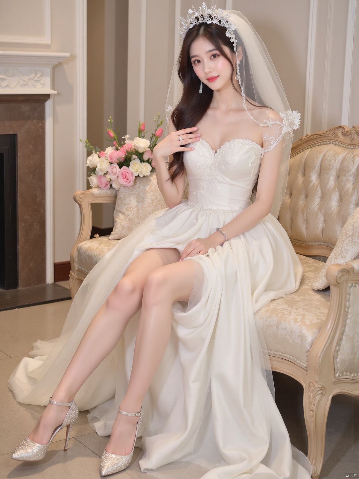 Realistic photo, 1girl, long hair, fair skin, big breasts, wedding dress, shiny pantyhose, long legs, high heels, full body, luxury living room, flowers,