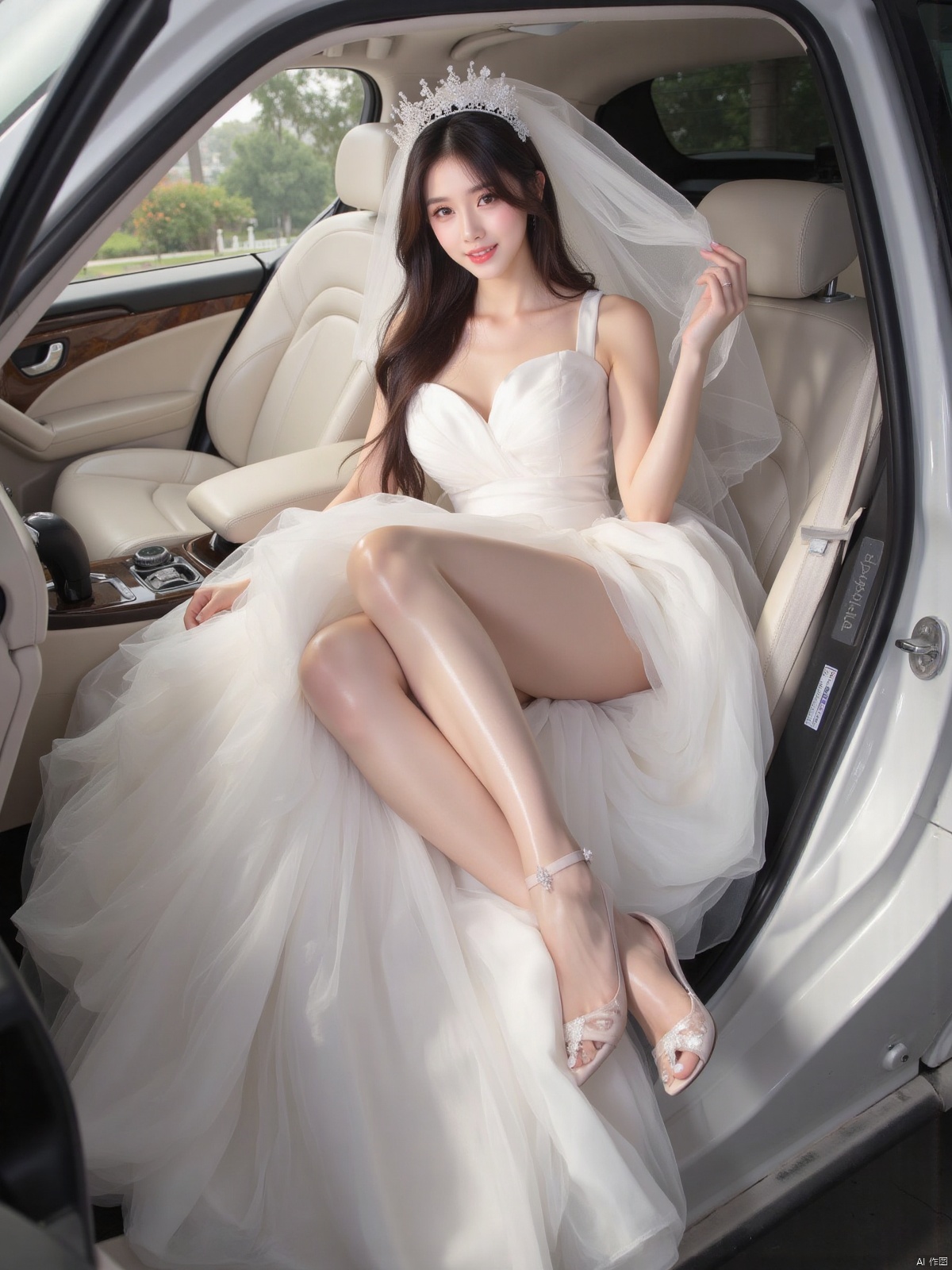 Realistic photo, 1girl, long hair, fair skin, big breasts, wedding dress, (shiny pantyhose), long legs, high heels, full body, (sitting inside luxury car),