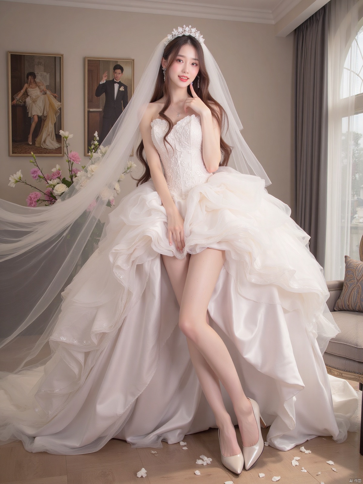 Realistic photo, 1girl, long hair, fair skin, big breasts, wedding dress, shiny pantyhose, long legs, high heels, full body, luxury living room, flowers,