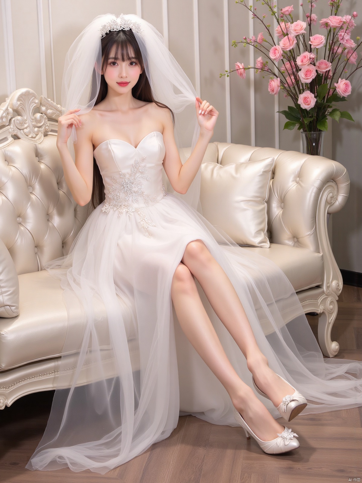 Realistic photo, 1girl, long hair, fair skin, big breasts, wedding dress, shiny pantyhose, long legs, high heels, full body, luxury living room, flowers,