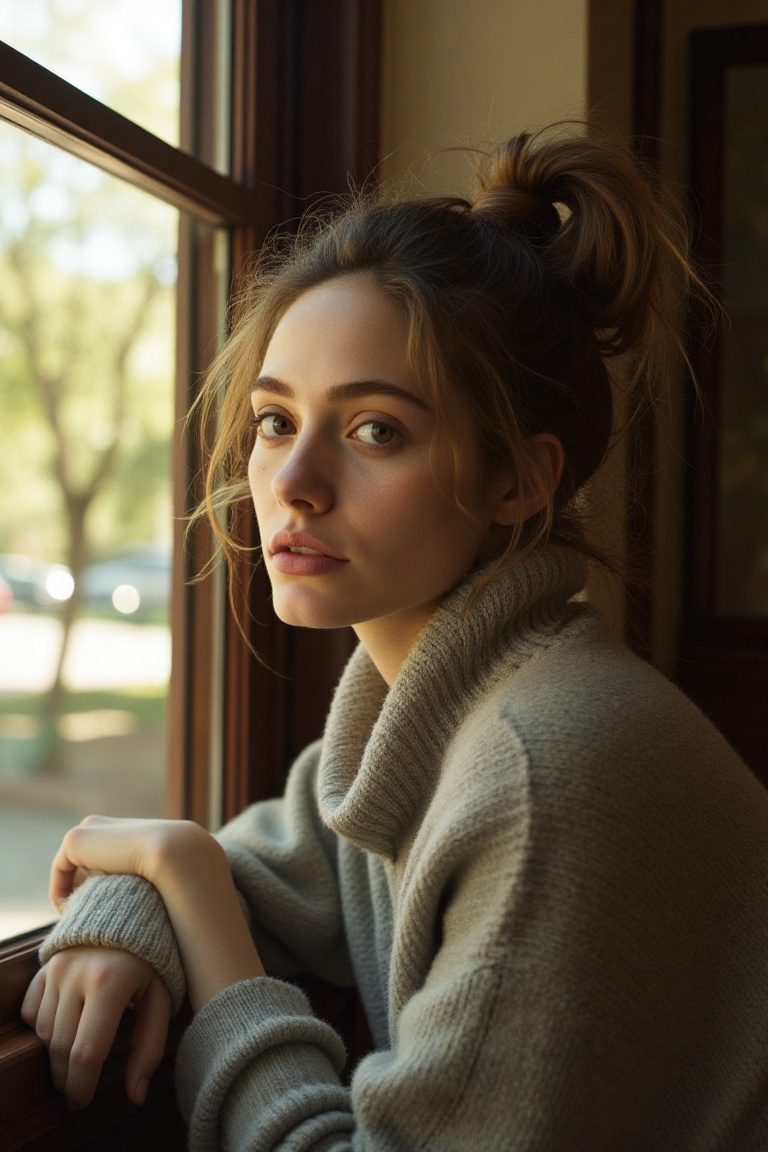 emmyrflx,  a woman has messy ponytail hair that frames her face in a soft,  effortless manner. Her skin is medium-toned on...