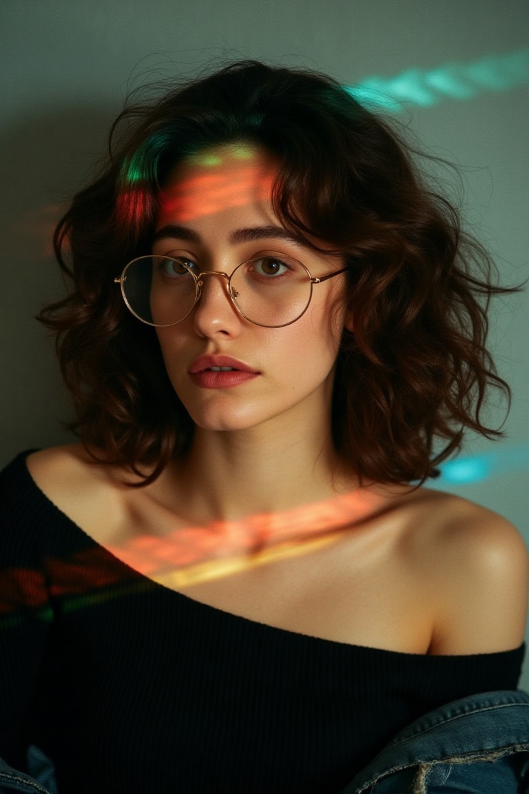 emmyrflx,  a young woman has voluminous,  loosely curled dark brown hair that frames her face in a soft on Tensor.Art