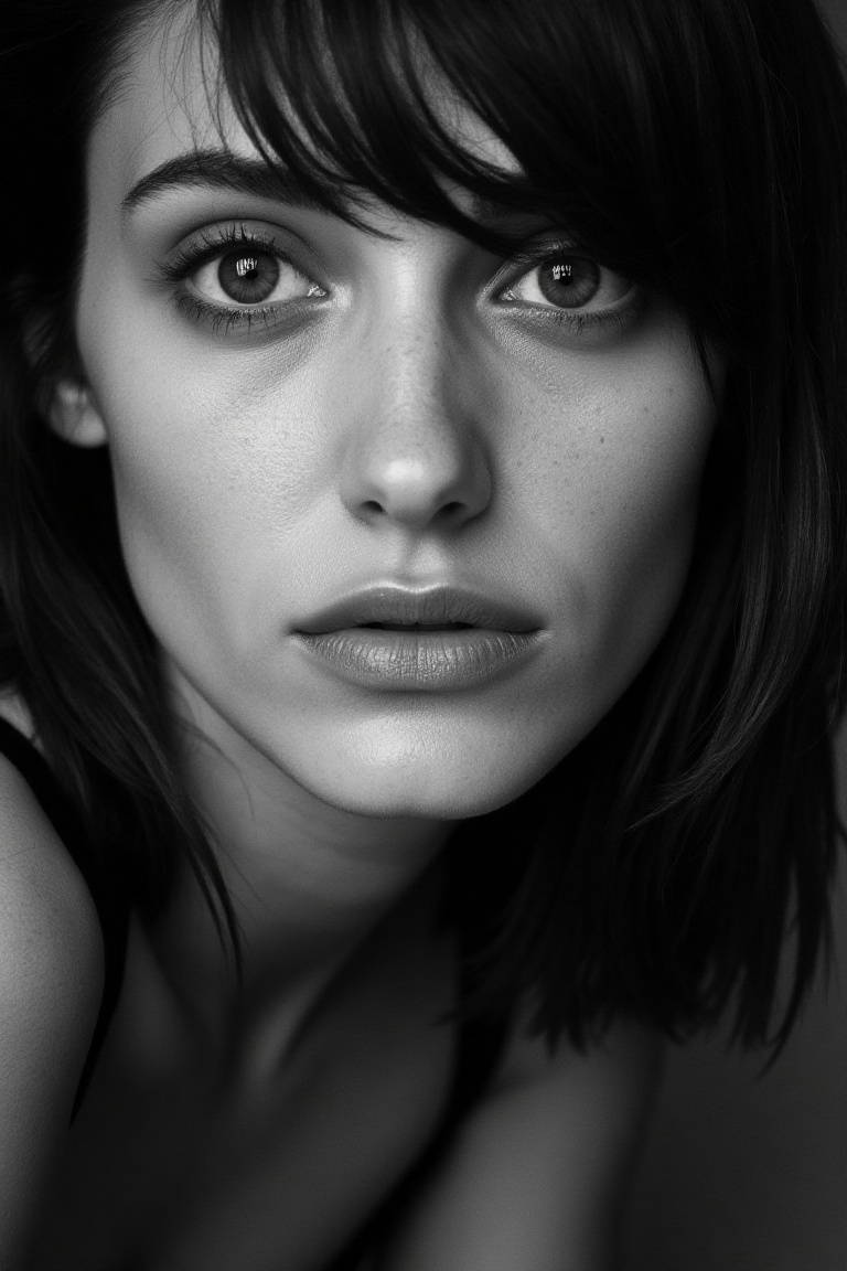 portrait inspired by Peter Lindbergh's photographic style of emmyrflx,  a woman looking directly into the camera with an i...