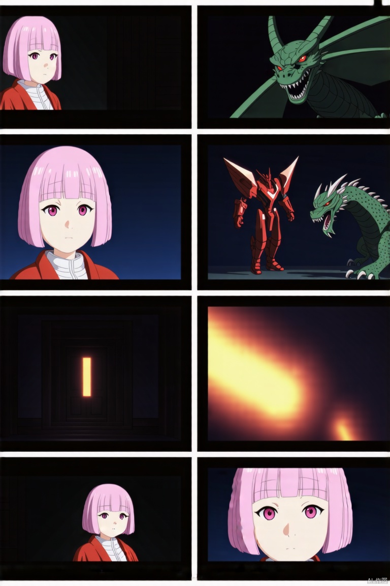 photographic of a girl, solo, pink short hair, (pink eyes), glowing, animification, glowing eyes, glitch, Gorgeous face with details, long eyebrows. Big and cute eyes. Cinematic lights hands_in_pockets, cinematic lighting, strong contrast, wuxia, holding weapon, dragon, machinery, Mecha, CGArt Mayfly. BREAK, 35mm photograph, grainy, professional, 8k, highly detailed, Hasselbald 50mm lens f/1.9,[by ethan for CGArt Mayfly model], Face Score