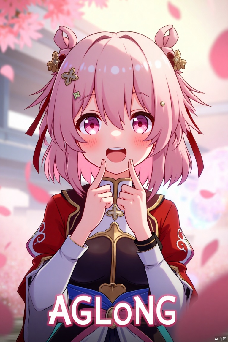 A vibrant movie poster featuring a solo girl with short pink hair, bangs, and a playful smile. She wears a hair ornament, long sleeves, and fingerless gloves, all in a Chinese-inspired outfit. Pink petals float around her, creating a dreamy atmosphere. The scene is framed with soft, warm lighting, capturing her joyful expression. At the bottom center, the text AGlong is prominently displayed.
