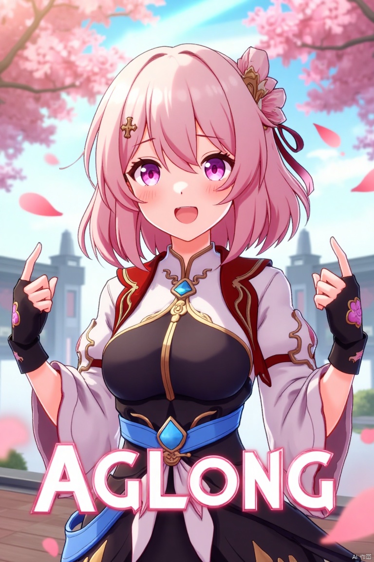 A dynamic movie poster showcasing a solo girl with short pink hair, bangs, and a cheerful smile. She wears a hair ornament, long sleeves, and fingerless gloves, all in a Chinese-inspired outfit. Pink petals float around her, adding a whimsical touch. The scene is framed with soft, warm lighting, highlighting her joyful expression. At the bottom center, the text AGlong is prominently displayed.