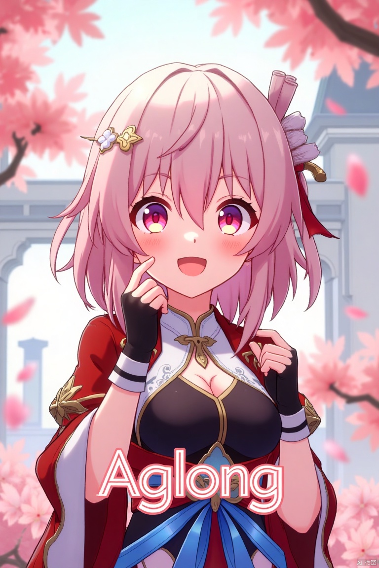 A vibrant movie poster featuring a solo girl with short pink hair, bangs, and a playful smile. She wears a hair ornament, long sleeves, and fingerless gloves, all in a Chinese-inspired outfit. Pink petals float around her, creating a dreamy atmosphere. The scene is framed with soft, warm lighting, capturing her joyful expression. At the bottom center, the text AGlong is prominently displayed.