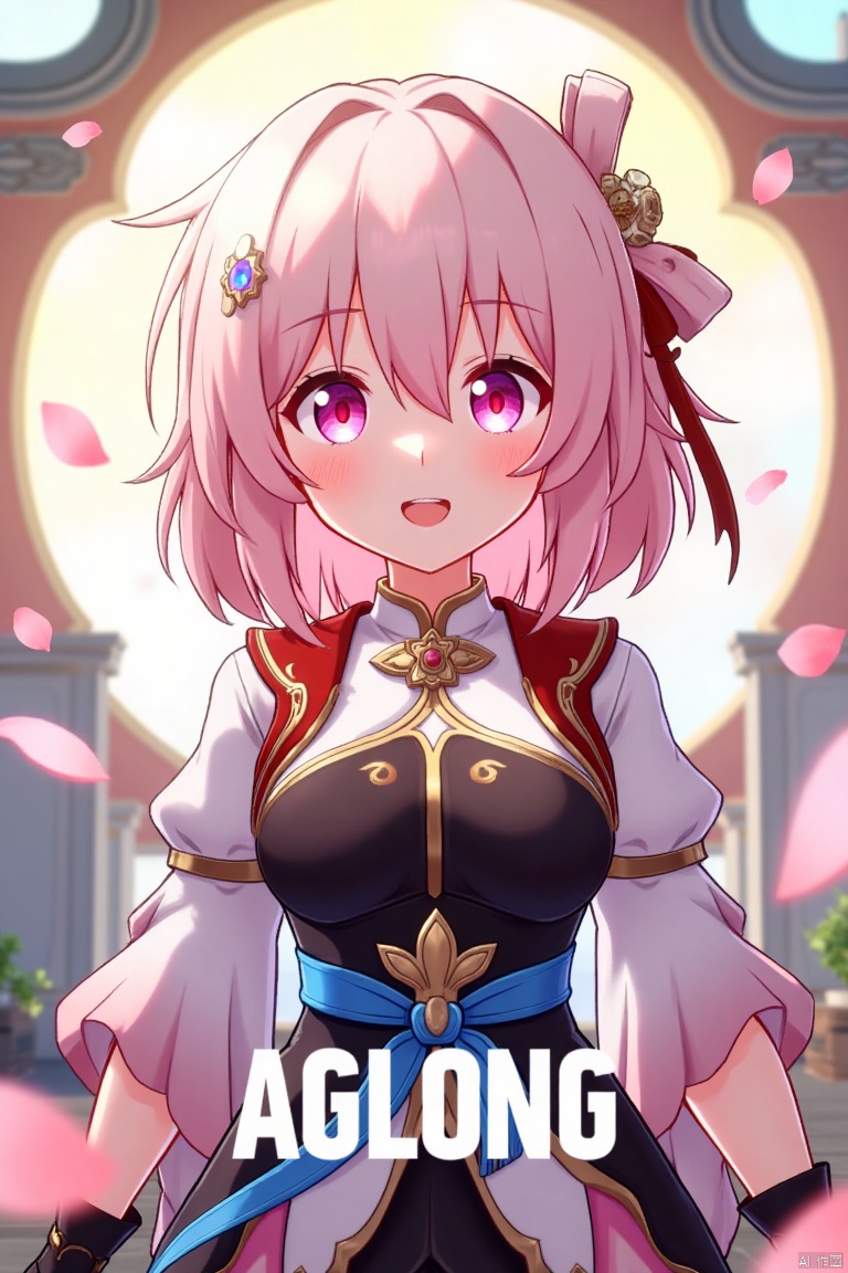 A dynamic movie poster showcasing a solo girl with short pink hair, bangs, and a cheerful smile. She wears a hair ornament, long sleeves, and fingerless gloves, all in a Chinese-inspired outfit. Pink petals float around her, adding a whimsical touch. The scene is framed with soft, warm lighting, highlighting her joyful expression. At the bottom center, the text AGlong is prominently displayed.