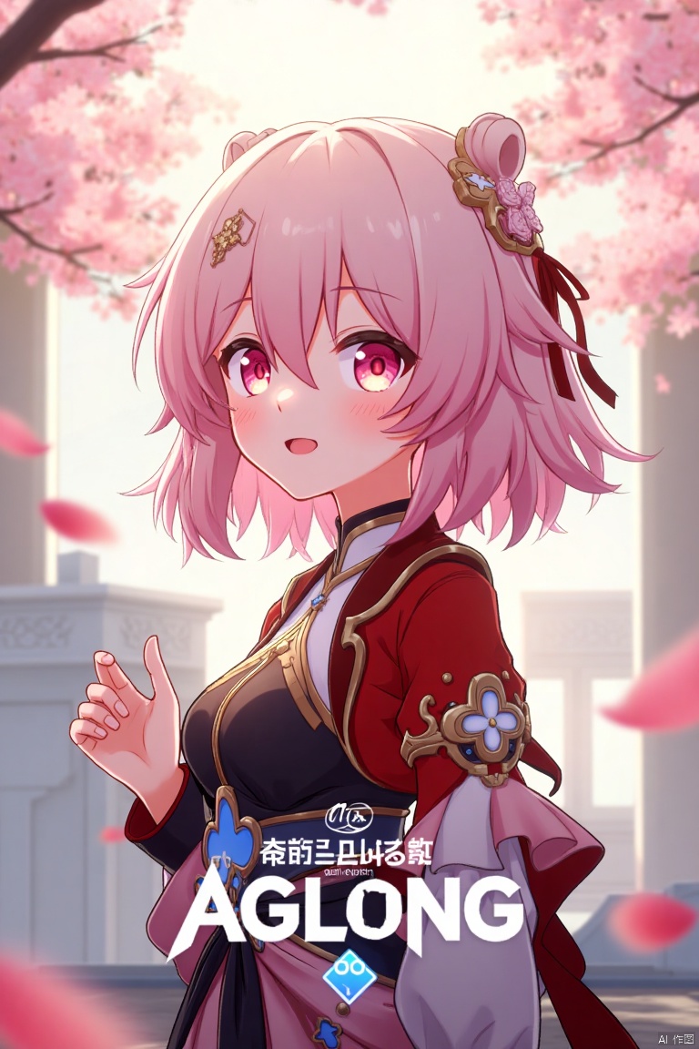 A vibrant movie poster featuring a solo girl with short pink hair, bangs, and a playful smile. She wears a hair ornament, long sleeves, and fingerless gloves, all in a Chinese-inspired outfit. Pink petals float around her, creating a dreamy atmosphere. The scene is framed with soft, warm lighting, capturing her joyful expression. At the bottom center, the text AGlong is prominently displayed.