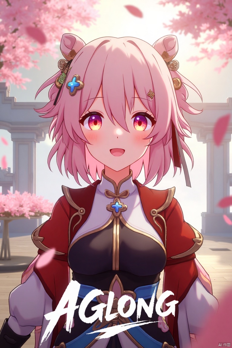 A captivating movie poster featuring a solo girl with short pink hair, bangs, and a bright smile. She wears a hair ornament, long sleeves, and fingerless gloves, all in a Chinese-inspired outfit. Pink petals float around her, creating a magical atmosphere. The scene is framed with soft, warm lighting, emphasizing her joyful expression. At the bottom center, the text AGlong is prominently displayed.