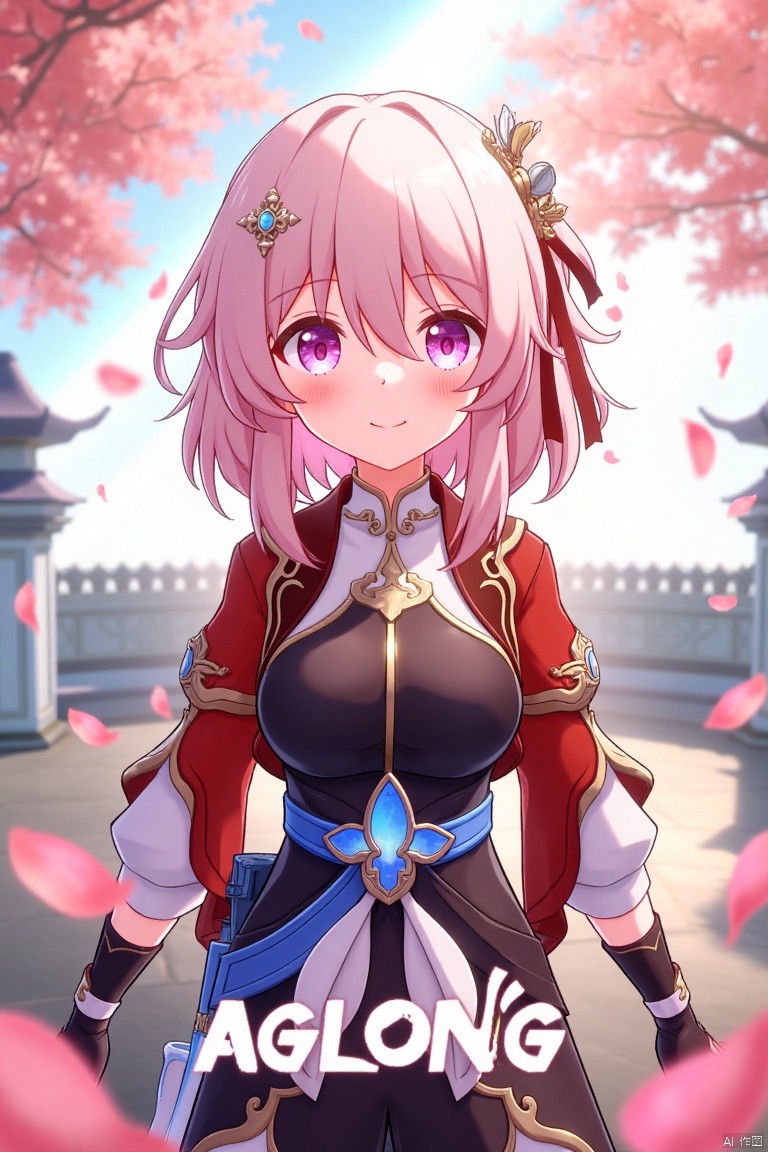 A dynamic movie poster showcasing a solo girl with short pink hair, bangs, and a cheerful smile. She wears a hair ornament, long sleeves, and fingerless gloves, all in a Chinese-inspired outfit. Pink petals float around her, adding a whimsical touch. The scene is framed with soft, warm lighting, highlighting her joyful expression. At the bottom center, the text AGlong is prominently displayed.