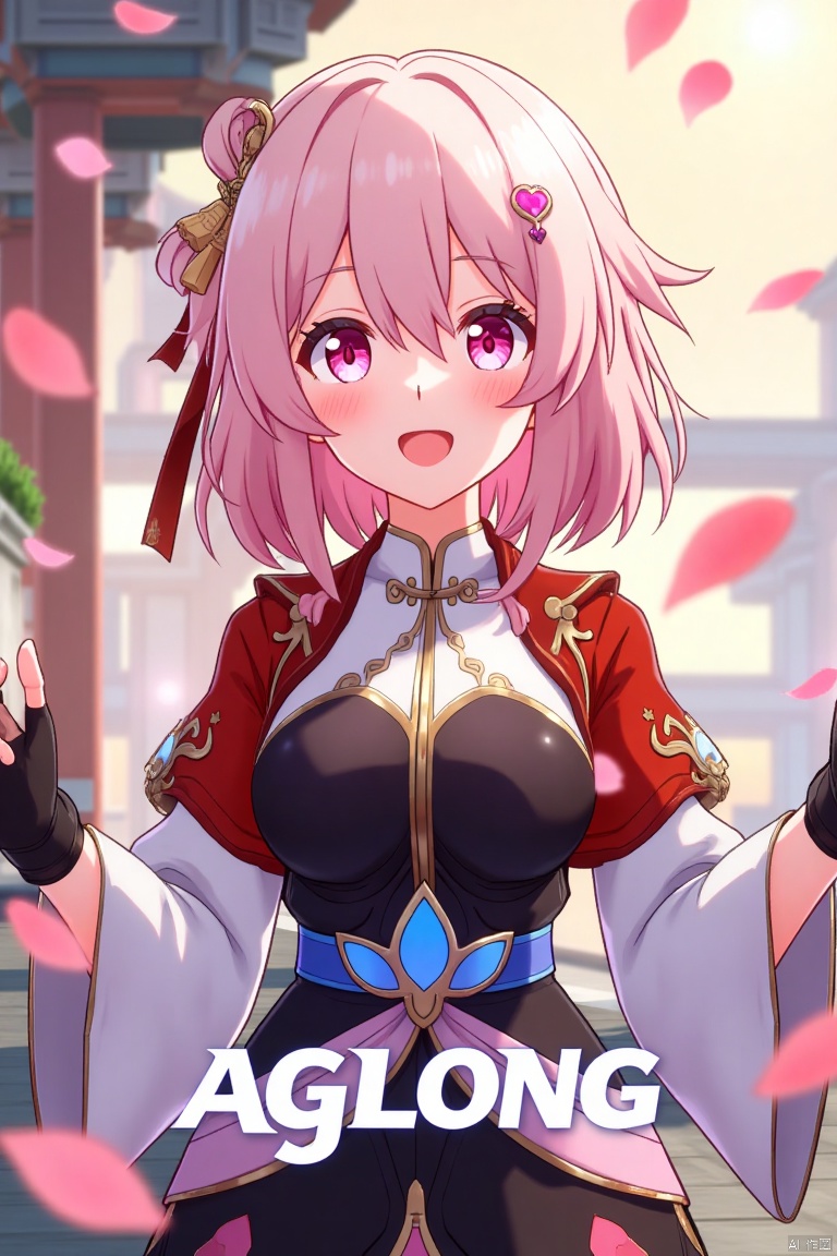 A dynamic movie poster showcasing a solo girl with short pink hair, bangs, and a cheerful smile. She wears a hair ornament, long sleeves, and fingerless gloves, all in a Chinese-inspired outfit. Pink petals float around her, adding a whimsical touch. The scene is framed with soft, warm lighting, highlighting her joyful expression. At the bottom center, the text AGlong is prominently displayed.