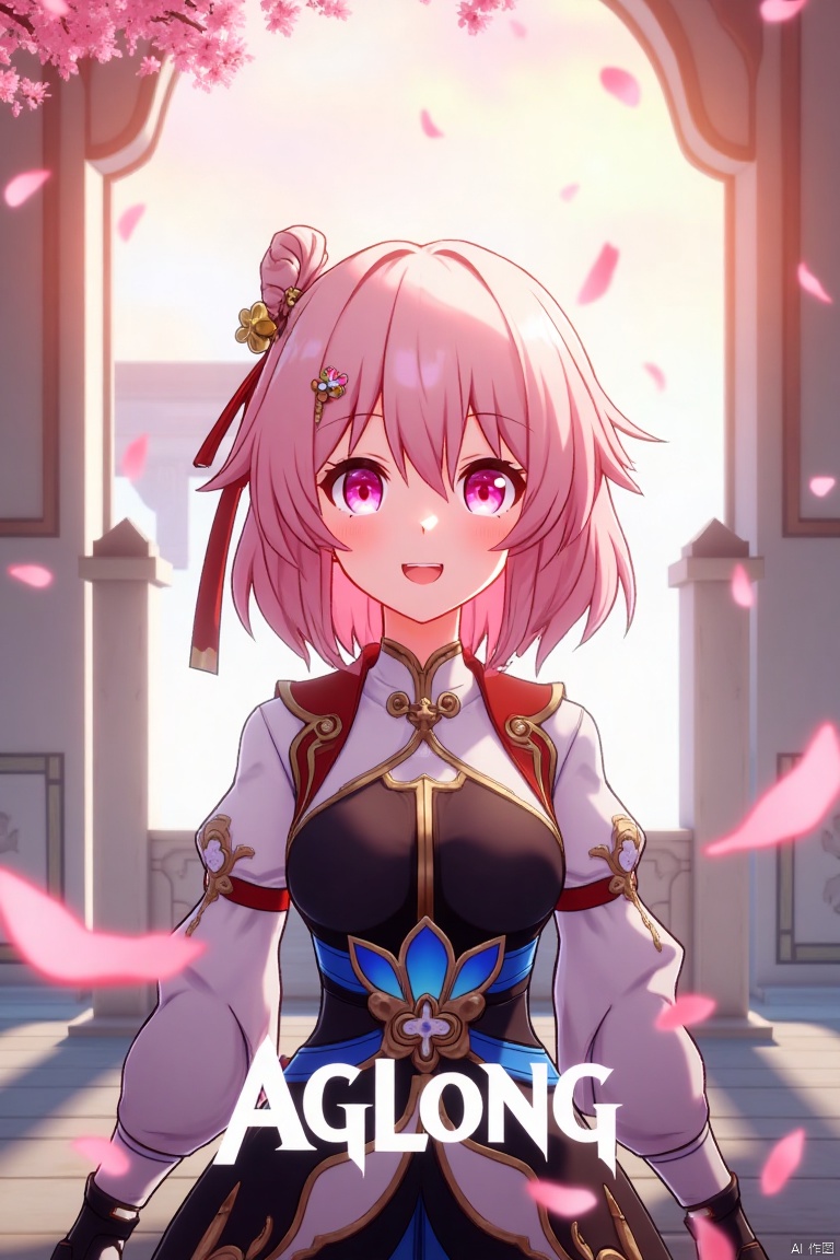A captivating movie poster featuring a solo girl with short pink hair, bangs, and a bright smile. She wears a hair ornament, long sleeves, and fingerless gloves, all in a Chinese-inspired outfit. Pink petals float around her, creating a magical atmosphere. The scene is framed with soft, warm lighting, emphasizing her joyful expression. At the bottom center, the text AGlong is prominently displayed.
