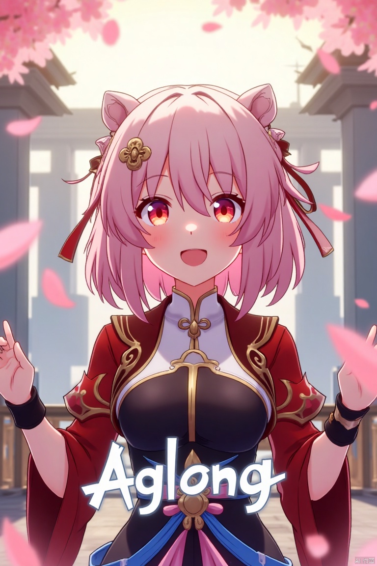 A captivating movie poster featuring a solo girl with short pink hair, bangs, and a bright smile. She wears a hair ornament, long sleeves, and fingerless gloves, all in a Chinese-inspired outfit. Pink petals float around her, creating a magical atmosphere. The scene is framed with soft, warm lighting, emphasizing her joyful expression. At the bottom center, the text AGlong is prominently displayed.