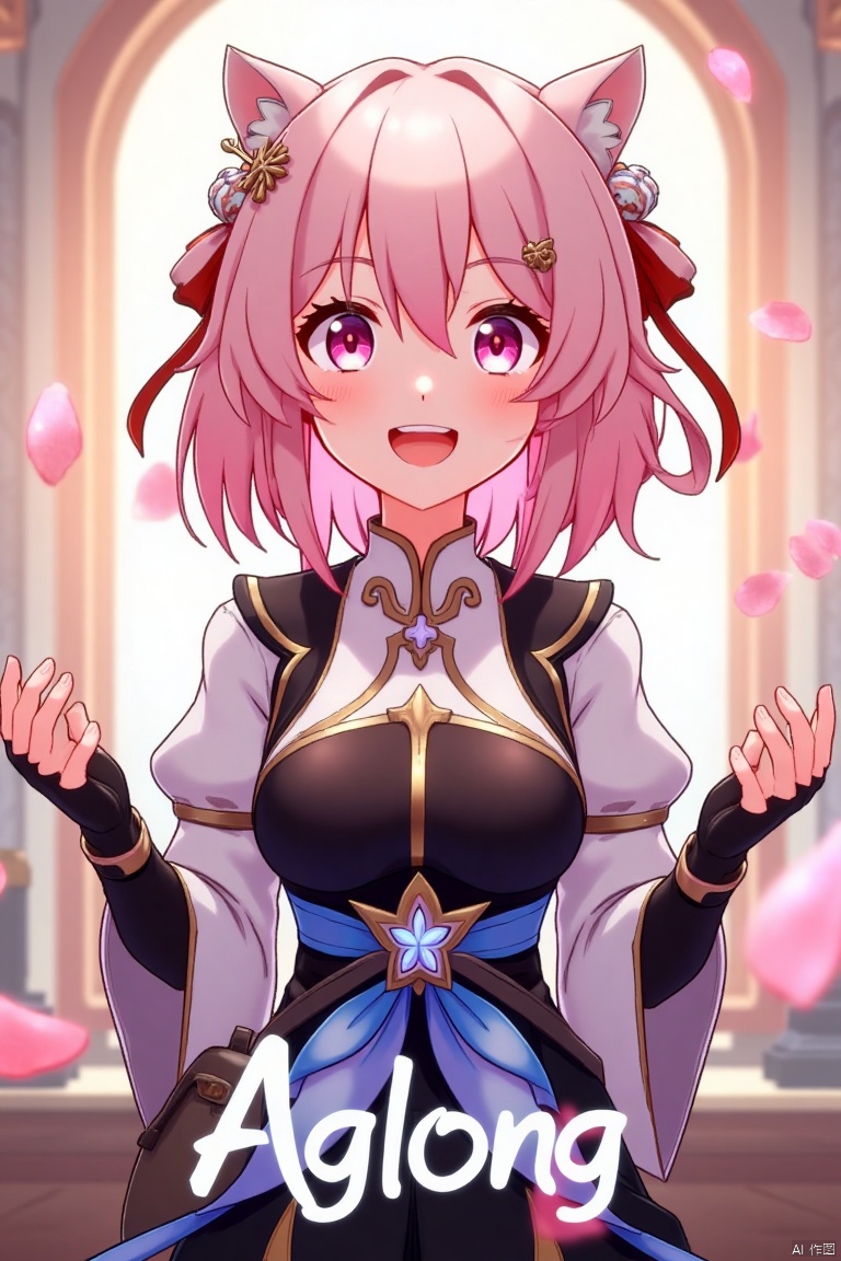 A dynamic movie poster showcasing a solo girl with short pink hair, bangs, and a cheerful smile. She wears a hair ornament, long sleeves, and fingerless gloves, all in a Chinese-inspired outfit. Pink petals float around her, adding a whimsical touch. The scene is framed with soft, warm lighting, highlighting her joyful expression. At the bottom center, the text AGlong is prominently displayed.