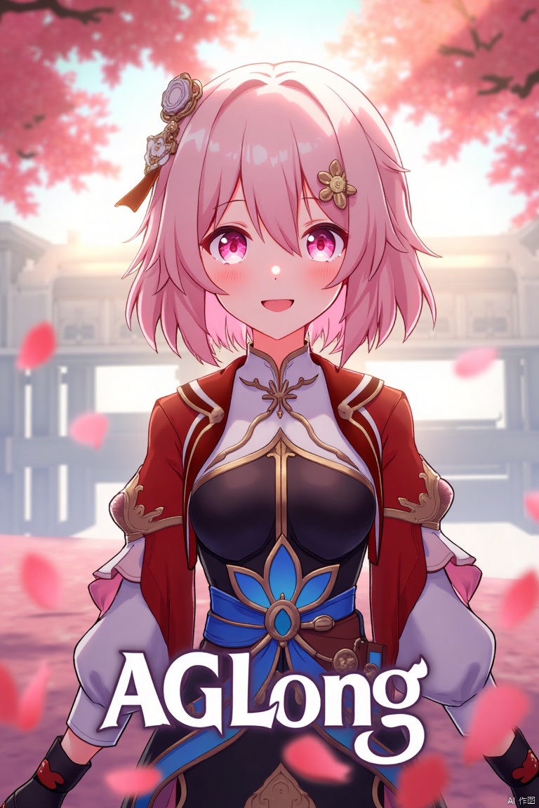 A captivating movie poster featuring a solo girl with short pink hair, bangs, and a bright smile. She wears a hair ornament, long sleeves, and fingerless gloves, all in a Chinese-inspired outfit. Pink petals float around her, creating a magical atmosphere. The scene is framed with soft, warm lighting, emphasizing her joyful expression. At the bottom center, the text AGlong is prominently displayed.