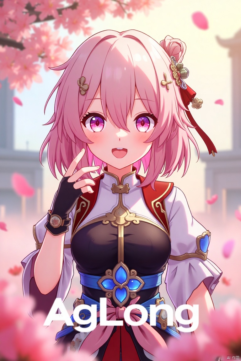 A vibrant movie poster featuring a solo girl with short pink hair, bangs, and a playful smile. She wears a hair ornament, long sleeves, and fingerless gloves, all in a Chinese-inspired outfit. Pink petals float around her, creating a dreamy atmosphere. The scene is framed with soft, warm lighting, capturing her joyful expression. At the bottom center, the text AGlong is prominently displayed.
