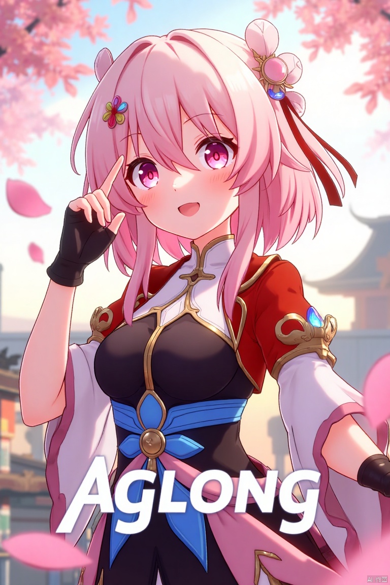 A vibrant movie poster featuring a solo girl with short pink hair, bangs, and a playful smile. She wears a hair ornament, long sleeves, and fingerless gloves, all in a Chinese-inspired outfit. Pink petals float around her, creating a dreamy atmosphere. The scene is framed with soft, warm lighting, capturing her joyful expression. At the bottom center, the text AGlong is prominently displayed.