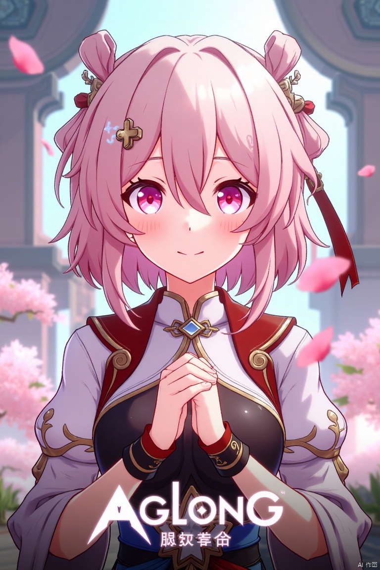 A striking movie poster featuring a solo girl with short pink hair, bangs, and a radiant smile. She wears a hair ornament, long sleeves, and fingerless gloves, all in pink. Her pink eyes shine as pink petals float around her, complementing her traditional Chinese clothes. The scene is framed with a close-up of her face, soft lighting highlighting her features. At the bottom, the text AGlong is prominently displayed in the middle.