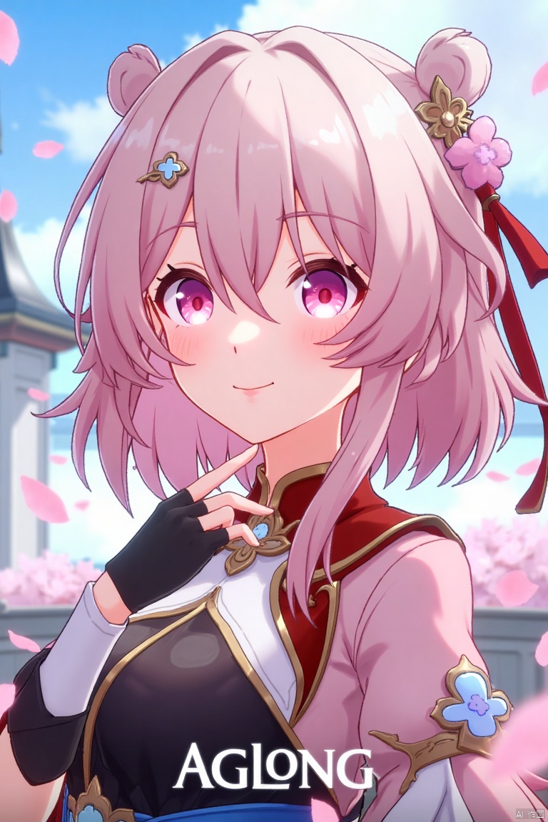 A striking movie poster featuring a solo girl with short pink hair, bangs, and a radiant smile. She wears a hair ornament, long sleeves, and fingerless gloves, all in pink. Her pink eyes shine as pink petals float around her, complementing her traditional Chinese clothes. The scene is framed with a close-up of her face, soft lighting highlighting her features. At the bottom, the text AGlong is prominently displayed in the middle.