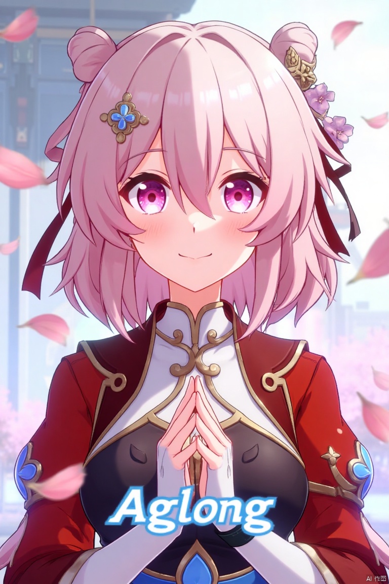 A striking movie poster featuring a solo girl with short pink hair, bangs, and a radiant smile. She wears a hair ornament, long sleeves, and fingerless gloves, all in pink. Her pink eyes shine as pink petals float around her, complementing her traditional Chinese clothes. The scene is framed with a close-up of her face, soft lighting highlighting her features. At the bottom, the text AGlong is prominently displayed in the middle.
