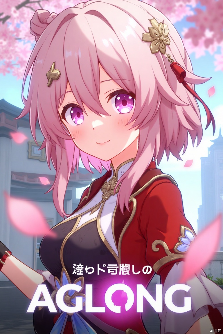 A striking movie poster featuring a solo girl with short pink hair, bangs, and a radiant smile. She wears a hair ornament, long sleeves, and fingerless gloves, all in pink. Her pink eyes shine as pink petals float around her, complementing her traditional Chinese clothes. The scene is framed with a close-up of her face, soft lighting highlighting her features. At the bottom, the text AGlong is prominently displayed in the middle.