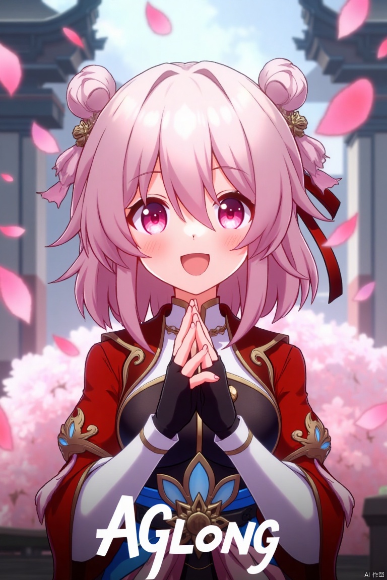 A striking movie poster featuring a solo girl with short pink hair, smiling with bangs and a hair ornament. She wears long sleeves, fingerless gloves, and Chinese clothes, her pink eyes radiant. Pink petals float around her, creating a magical ambiance. The scene is framed with soft lighting, capturing her vibrant expression. At the bottom, the text “AGlong” is prominently displayed.
