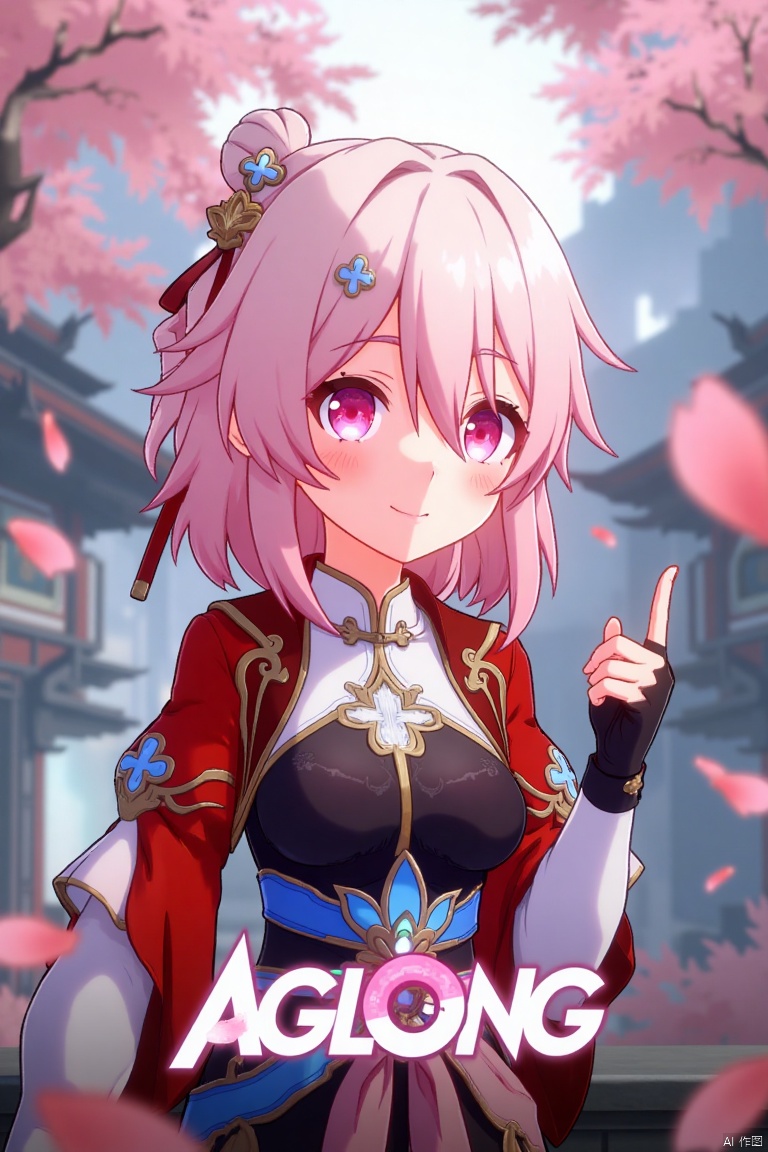 A striking movie poster featuring a solo girl with short pink hair, smiling with bangs and a hair ornament. She wears long sleeves, fingerless gloves, and Chinese clothes, her pink eyes radiant. Pink petals float around her, creating a magical ambiance. The scene is framed with soft lighting, capturing her vibrant expression. At the bottom, the text “AGlong” is prominently displayed.