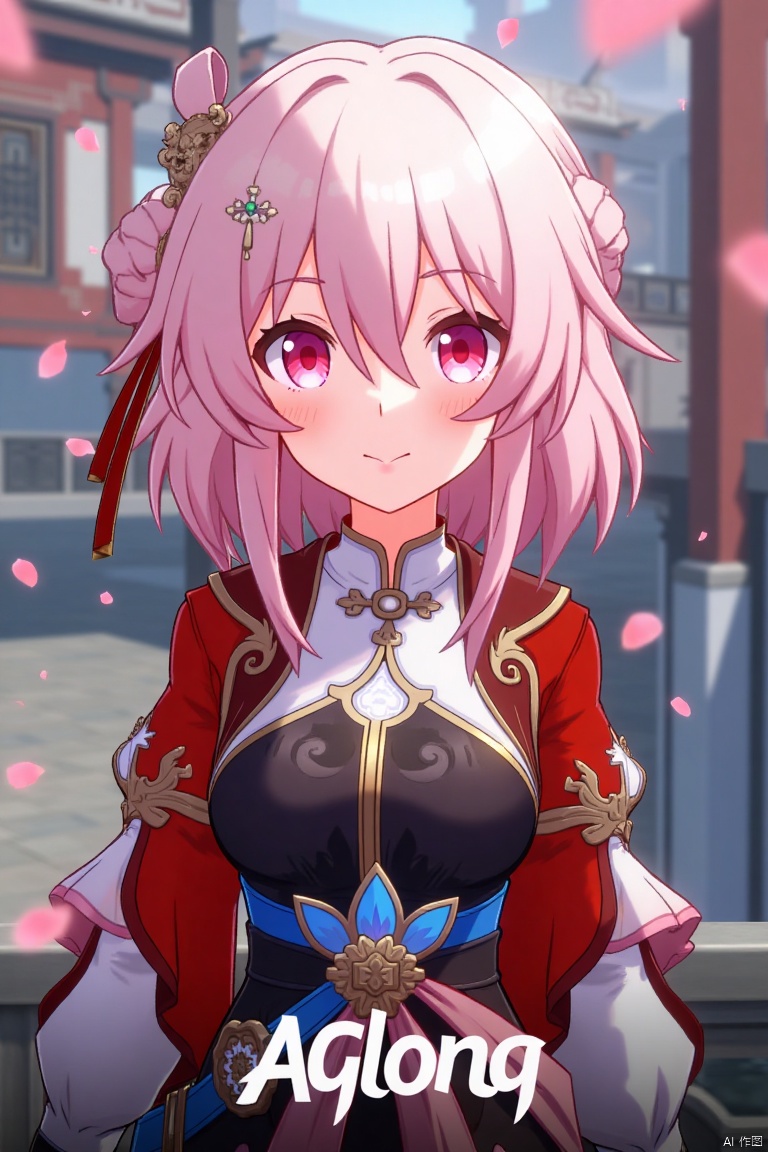 A striking movie poster featuring a solo girl with short pink hair, smiling with bangs and a hair ornament. She wears long sleeves, fingerless gloves, and Chinese clothes, her pink eyes radiant. Pink petals float around her, creating a magical ambiance. The scene is framed with soft lighting, capturing her vibrant expression. At the bottom, the text “AGlong” is prominently displayed.