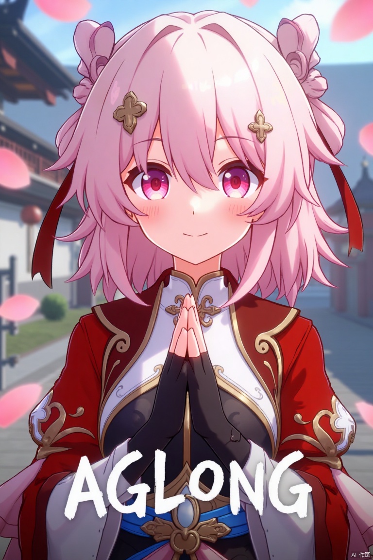 A striking movie poster featuring a solo girl with short pink hair, smiling with bangs and a hair ornament. She wears long sleeves, fingerless gloves, and Chinese clothes, her pink eyes radiant. Pink petals float around her, creating a magical ambiance. The scene is framed with soft lighting, capturing her vibrant expression. At the bottom, the text “AGlong” is prominently displayed.