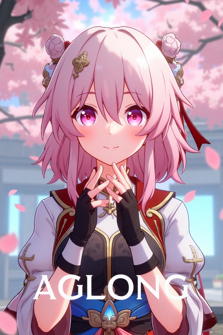A vibrant movie poster featuring a solo girl with short pink hair, smiling with bangs and a hair ornament. She wears long sleeves, fingerless gloves, and Chinese clothes, with pink eyes reflecting the floating pink petals around her. The scene is framed with a close-up of her face, soft lighting enhancing the dreamy atmosphere. The text AGlong is prominently displayed at the bottom center of the screen.