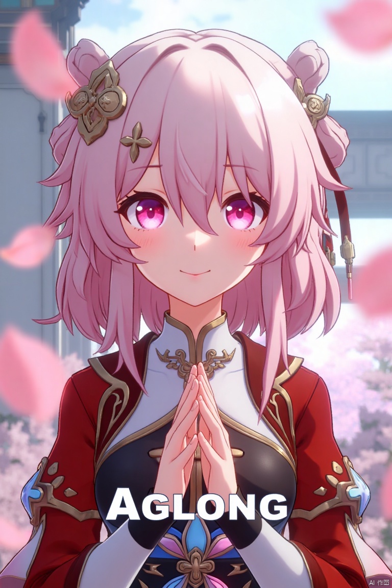 A captivating movie poster showcasing a solo girl with short pink hair, smiling with bangs and a hair ornament. She wears long sleeves, fingerless gloves, and Chinese clothes, her pink eyes reflecting the floating pink petals around her. The scene is framed with a close-up of her face, soft lighting enhancing the dreamy atmosphere. The text AGlong is prominently displayed at the bottom center of the screen.