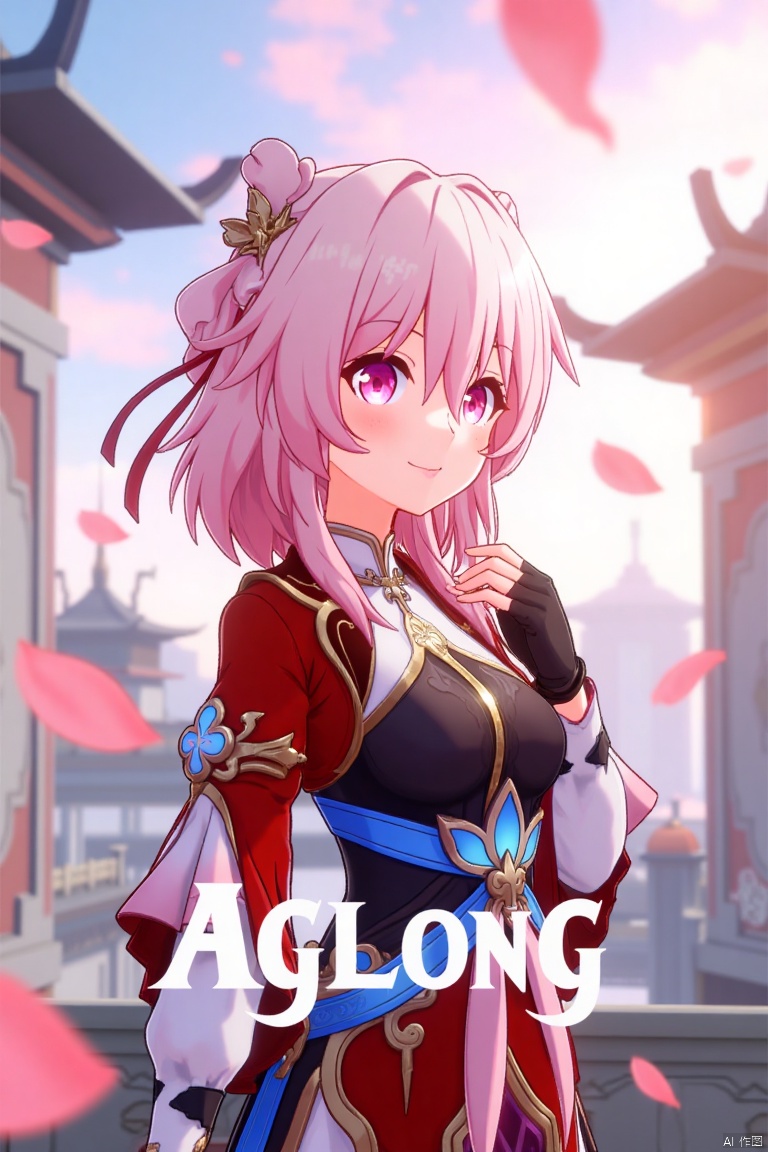 A vibrant movie poster featuring a solo girl with short pink hair, smiling with bangs and a hair ornament. She wears long sleeves, fingerless gloves, and Chinese clothes, with pink eyes reflecting the floating pink petals around her. The scene is framed with a close-up of her face, soft lighting enhancing the dreamy atmosphere. The text AGlong is prominently displayed at the bottom center of the screen.
