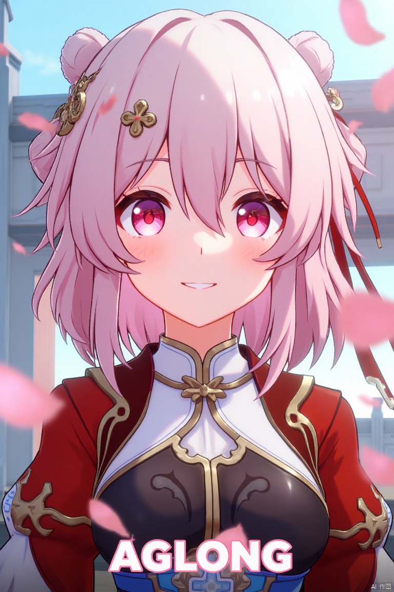 A striking movie poster featuring a solo girl with short pink hair, smiling with bangs and a hair ornament. She wears long sleeves, fingerless gloves, and Chinese clothes, her pink eyes reflecting the floating pink petals around her. The scene is framed with a close-up of her face, soft lighting enhancing the dreamy atmosphere. The text AGlong is prominently displayed at the bottom center of the screen.