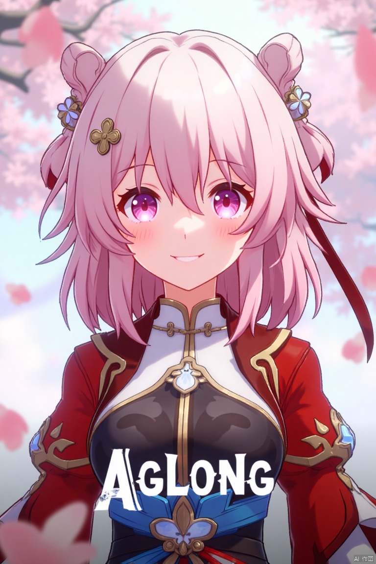 A vibrant movie poster featuring a solo girl with short pink hair, smiling with bangs and a hair ornament. She wears long sleeves, fingerless gloves, and Chinese clothes, with pink eyes reflecting the floating pink petals around her. The scene is framed with a close-up of her face, soft lighting enhancing the dreamy atmosphere. The text AGlong is prominently displayed at the bottom center of the screen.