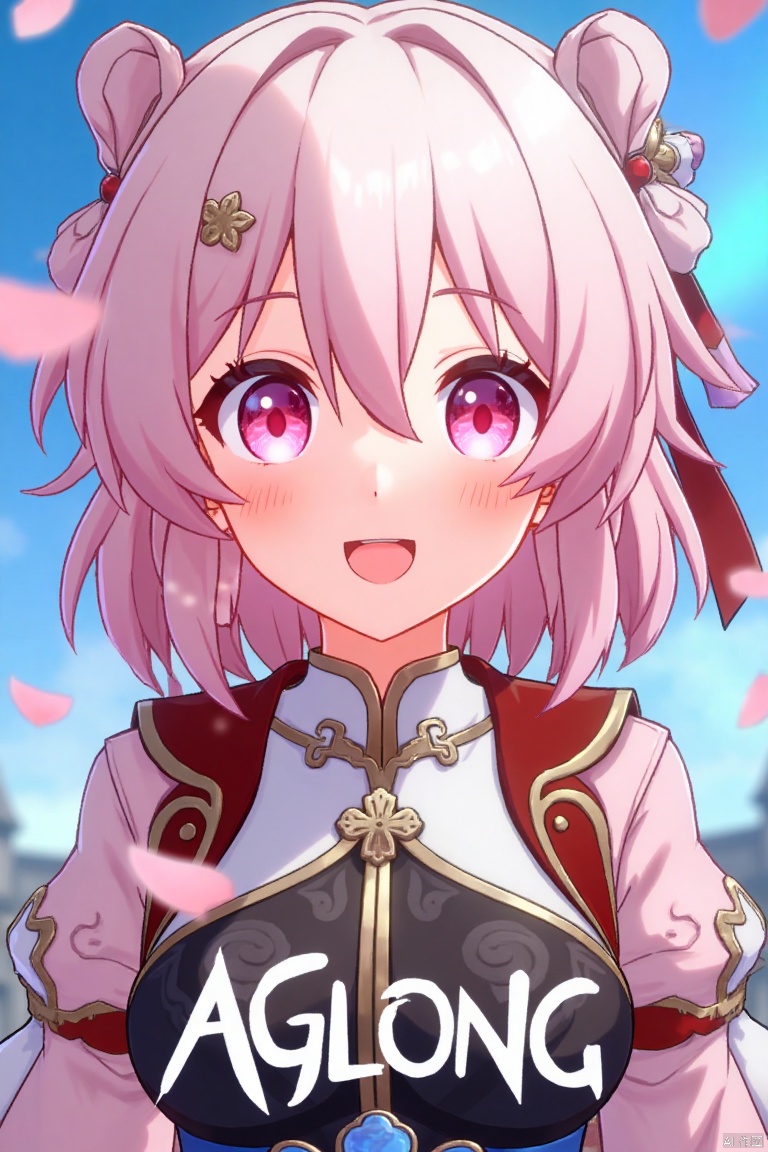 A vibrant movie poster featuring a solo girl with short pink hair, smiling with bangs and a hair ornament. She wears long sleeves, fingerless gloves, and Chinese clothes, with pink eyes reflecting the floating pink petals around her. The scene is framed with a close-up shot, soft lighting, and a dynamic composition. At the bottom center, the text AGlong is prominently displayed.