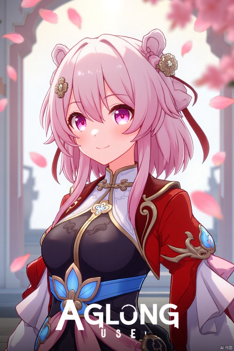 A vibrant movie poster featuring a solo girl with short pink hair, smiling with bangs and a hair ornament. She wears long sleeves, fingerless gloves, and Chinese clothes, with pink eyes reflecting the floating pink petals around her. The scene is framed with a close-up shot, soft lighting, and a dynamic composition. At the bottom center, the text AGlong is prominently displayed.