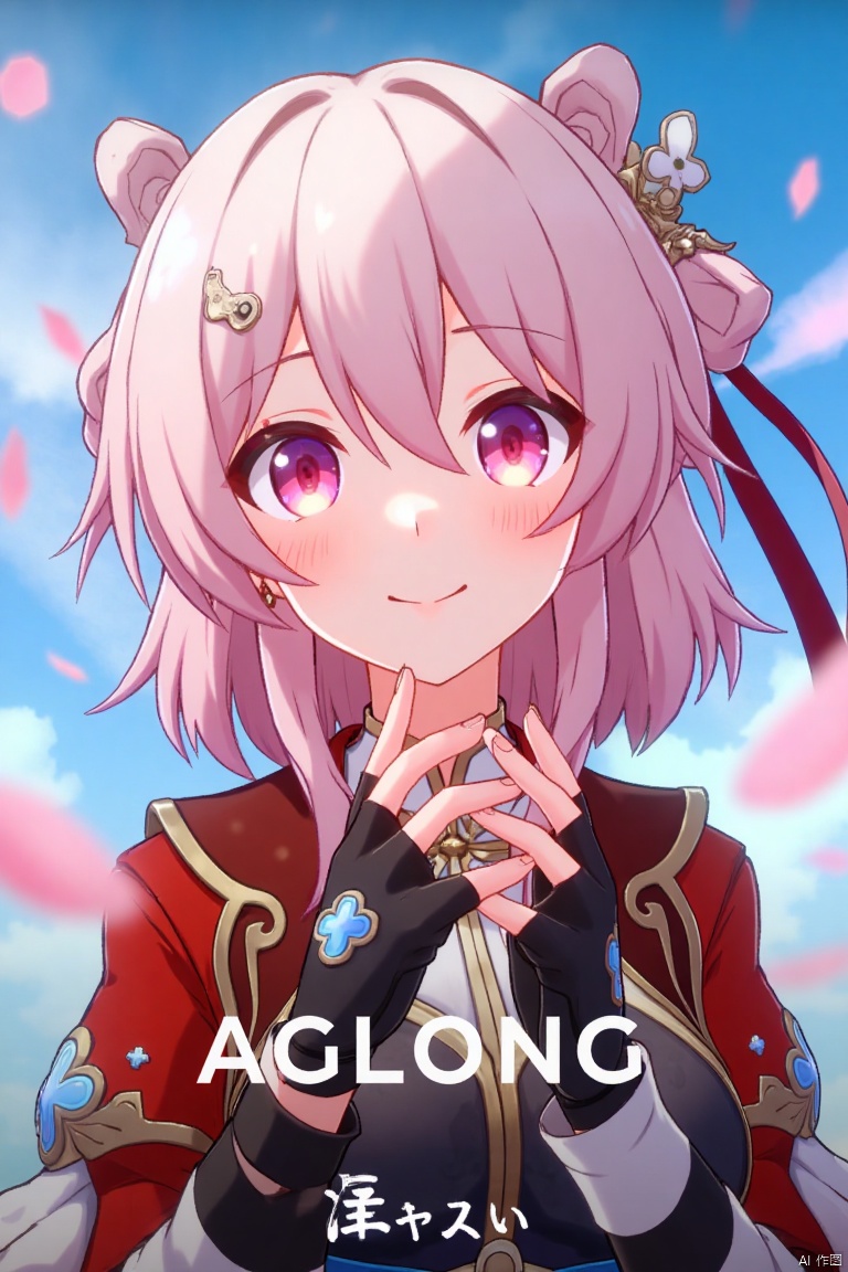 A dynamic movie poster showcasing a solo girl with short pink hair, smiling with bangs and a hair ornament. She wears long sleeves, fingerless gloves, and Chinese clothes, with pink eyes reflecting the floating pink petals around her. The scene is framed with a close-up shot, soft lighting, and a dynamic composition. At the bottom center, the text AGlong is prominently displayed.