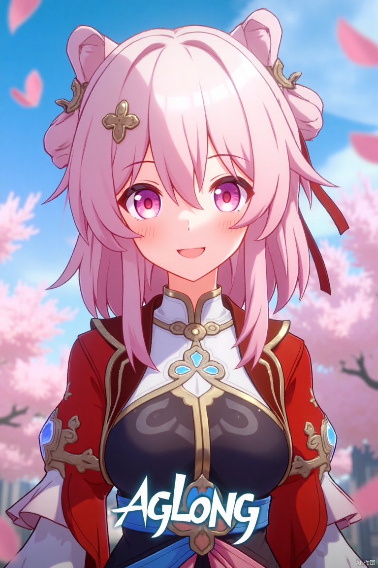 A vibrant movie poster featuring a solo girl with short pink hair, smiling with bangs and a hair ornament. She wears long sleeves, fingerless gloves, and Chinese clothes, with pink eyes reflecting the floating pink petals around her. The scene is framed with a close-up shot, soft lighting, and a dynamic composition. At the bottom center, the text AGlong is prominently displayed.