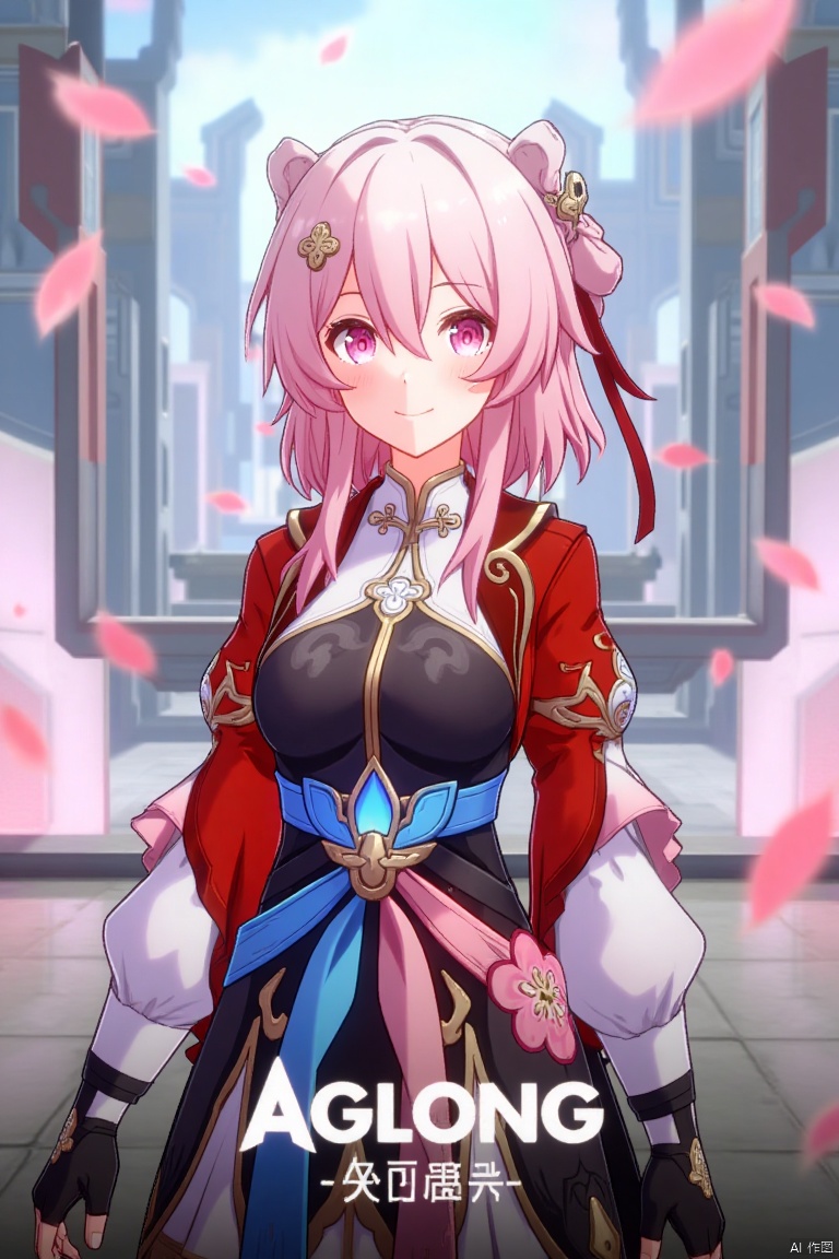 A dynamic movie poster showcasing a solo girl with short pink hair, smiling with bangs and a hair ornament. She wears long sleeves, fingerless gloves, and Chinese clothes, with pink eyes reflecting the floating pink petals around her. The scene is framed with a close-up shot, soft lighting, and a dynamic composition. At the bottom center, the text AGlong is prominently displayed.