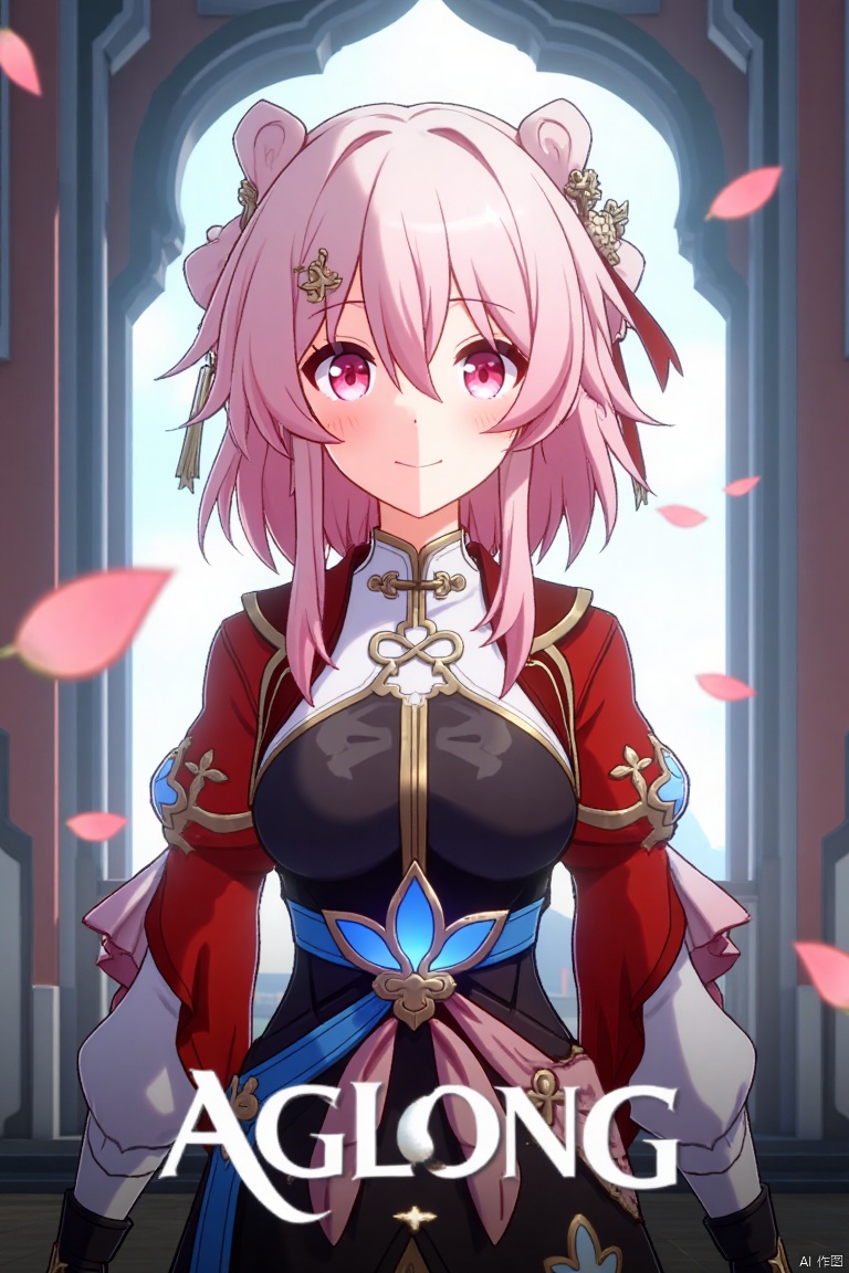 A movie poster featuring a solo 1girl with short pink hair, bangs, and pink eyes, smiling. She wears a hair ornament, fingerless gloves, and long sleeves, with pink petals floating around her. The girl is dressed in Chinese clothes, and the poster has a cinematic framing with dramatic lighting. At the bottom, the text AGlong is prominently displayed.