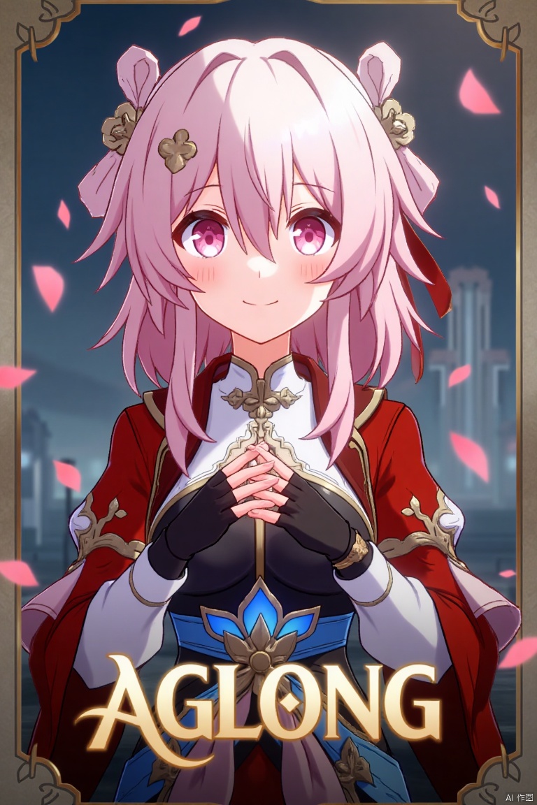 A movie poster featuring a solo 1girl with long pink hair, bangs, and pink eyes, smiling. She wears a hair ornament, fingerless black gloves, and long sleeves, with pink petals floating around her. The girl is dressed in Chinese clothes, and the poster has a cinematic framing with dramatic lighting. At the bottom, the text AGlong is prominently displayed.