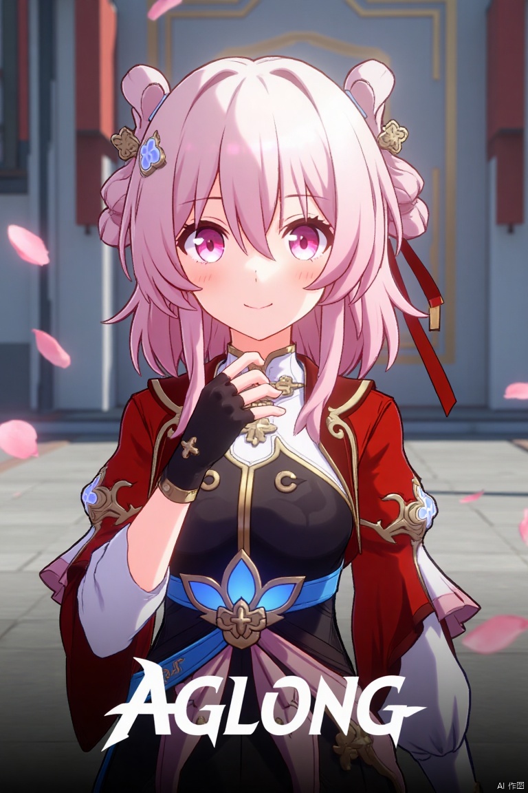 A movie poster featuring a solo 1girl with short pink hair, bangs, and pink eyes, smiling. She wears a hair ornament, fingerless gloves, and long sleeves, with pink petals floating around her. The girl is dressed in Chinese clothes, and the poster has a cinematic framing with dramatic lighting. At the bottom, the text AGlong is prominently displayed.